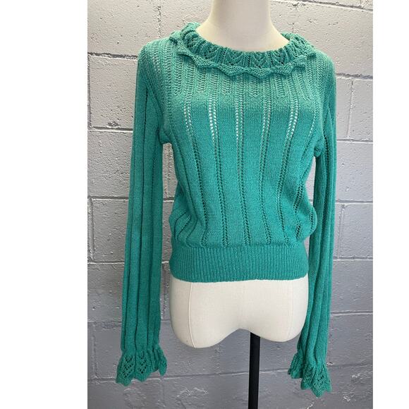 Vintage 1980s Teal Knit Cropped Sweater Lace Collar Cuffs Med Cottage Preppy - Picture 2 of 10